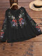 Women Floral Print Stand Collar Half Button Long Sleeve Blouse - Black