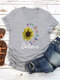Letter Butterflies Sunflower Print Short Sleeve T-shirt For Women - Light Grey