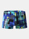 Men Graffiti Plaid Swimwear Drawstring Smooth Pouch Swim Shorts - Blue