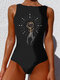 Women Starry Sky Hand Print High Neck Sleeveless One Piece Slimming Swimwear - Black4