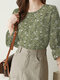 Lässige Bluse mit durchgehendem Blumendruck, Volantärmeln und Rundhalsausschnitt - Grün