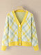 Check Print Button V-neck Long Sleeve Knit Cardigan - Yellow