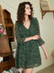 Irregular Dot Print Ruffle Long Sleeve V-neck Chiffon Dress - Green