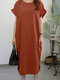 Leisure Solid Slit Hem Ruched Short Sleeve Maxi Dress - Orange