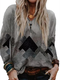 Casual Print V-neck Zip Front Long Sleeve Plus Size Blouse - Grey