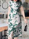 女性植物プリントボタンデザインスプリットヘムカジュアル半袖ドレス - 緑