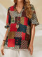 Blusa casual de algodón con cuello en V y estampado de calicó de patchwork de bloque de color - rojo