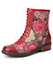 Sاوكوفي عارضة الرجعية الأزهار طباعة جلد طبيعي النقش الدانتيل يصل خياطة مريحة الأحذية القتالية المسطحة - أحمر
