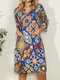 V-neck Ethnic Print 3/4 Sleeve Vintage Dress For Women - Blue