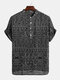 Mens Abstract Printing Ethnic Style Short Sleeve Loose Casual Henley Shirts - Black