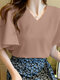 Однотонная блузка с V-образным вырезом и рукавами с рюшами Для Женское - Хаки