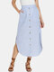 Striped Print Slit Button Pocket Long Casual Skirt for Women - Blue