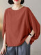 Women Solid Crew Neck Dolman Sleeve Casual Blouse - Orange Red