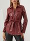 Women Solid Color Knotted Zip Front Lapel Collar Jacket - Wine Red