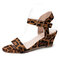Women Casual Solid Color Peep Toe Buckle Wedges Sandals - Leopard