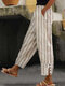 Women Striped Button Cuff Casual Cropped Pants With Pocket - Khaki