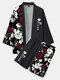 Mens Japanese Rose Print Open Front Kimono Loose Two Pieces Outfits - Black