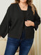 Plus Size Loose Solid Button Casual Cotton V-neck Cardigan - Black