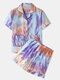 Women Tie Dye Pajamas Set Softies Short Sleeve Top With Pocket Flounce Trim Bottom Loungewear - Purple