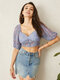 Lace Puff Sleeve Open Back Sqaure Collar Knotted Crop Top - Blue