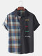 Mens Design Plaid & Slogan Patchwork Breathable Casual Shirt - Navy