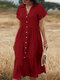 Solid Lapel Short Sleeve Button Front Casual Dress - Wine Red