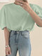 Puff Sleeve Crew Neck Solid Keyhole Back Blouse - Green