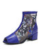 Women Summer Patchwork Ethnic Print Sequined Decor Breathable Mesh Peep Toe Heel Short Boots - Blue
