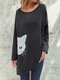 Splited Irregular Cartoon Cat Print Long Sleeve Blouse - Grey