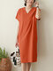 Cotton Solid Short Sleeve V Neck Casual Midi Dress - Orange