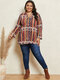 Floral Multi-Striped Ethnic Pattern Print V-neck Plus Size Casual Blouse - Red