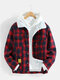 Mens Plaid Sherpa Lined Thick Zip Front Lapel Casual Jackets - Red
