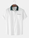 Mens Letter Chest Pocket Print Contrast Collar Short Sleeve Shirts - White