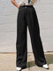 Solid Pocket Straight Leg Pants For Women - Black