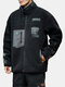 Mens Casual Thicken Fleece Warm Multi Pockets Patchwork Zipper Collar Coats - Black