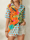 PolkaDot Print Lapel Short Sleeve Button Casual Blouse For Women - Orange