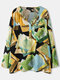 Принт с круглым вырезом и длинными рукавами на пуговицах Plus Размер Блузка с карманами для Женское - Зеленый