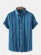 Mens Irregular Stripe Lapel Button Up Holiday Short Sleeve Shirts - Blue