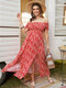 Plus Size Off The Shoulder Calico Shirring Short Sleeves Maxi Dress - Red