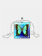 Vintage Square Glass Printed Women Necklace Butterfly Pendant Sweater Chain Jewelry Gift - Silver