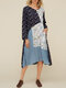 Floral Print Patchwork Long Sleeve Plus Size Dress - Blue