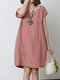Solid Seam Detail Crew Neck Casual Short Sleeve Dress - Pink