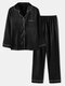 Plus Size Women Faux Silk Lapel Chest Pocket Long Pajamas Sets With Contrast Binding - Black