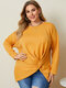 Casual Solid Color O-neck Long Sleeve Plus Size Knotted Blouse - Yellow