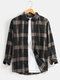 Mens Check Button Up Lapel Cotton Casual Long Sleeve Shirts - Black