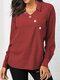 Button Solid Color Long Sleeve Lapel Casual Blouse For Women - Red
