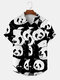 Mens Allover Panda Print Lapel Casual Short Sleeve Shirts Winter - Black