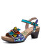 Socofy Genuine Leather Casual Bohemian Ethnic Three-dimensional Flower Comfy Hasp Heeled Sandals - Blue