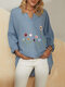 Embroidery Notched Collar Long Sleeve Asymmetrical Blouse - Blue