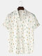Mens Small Cactus Print Loose Light Chest Pocket Short Sleeve Shirts - White